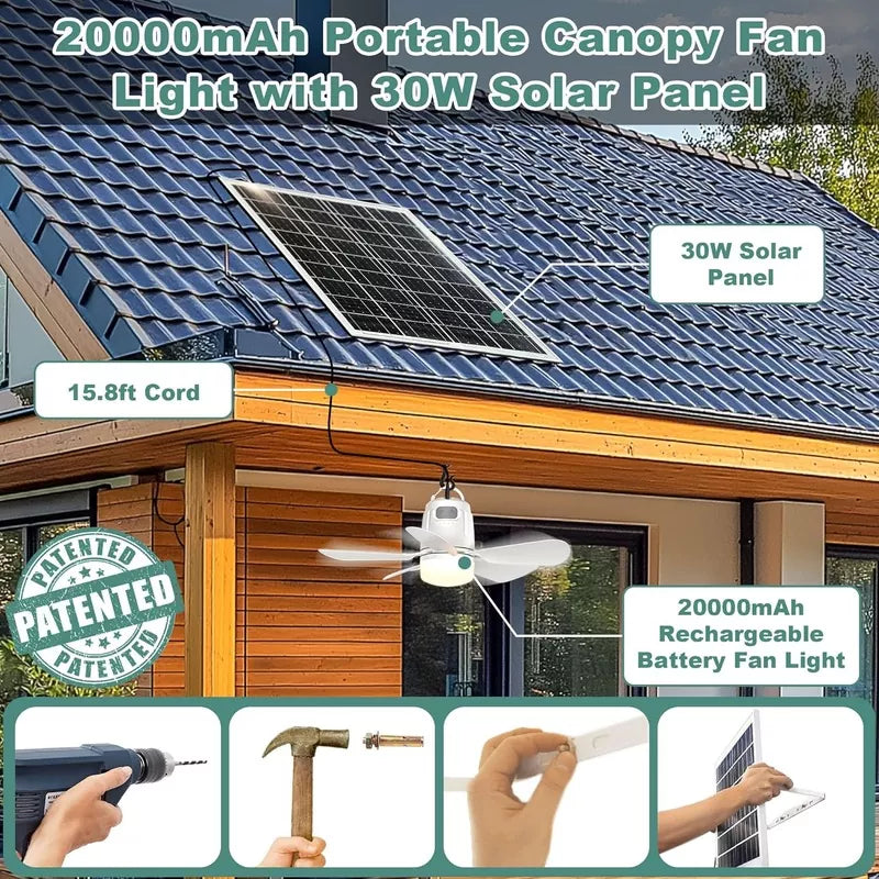20000mAh Portable Gazebo Fan with 30W Solar Powered Fan with Remote Control
