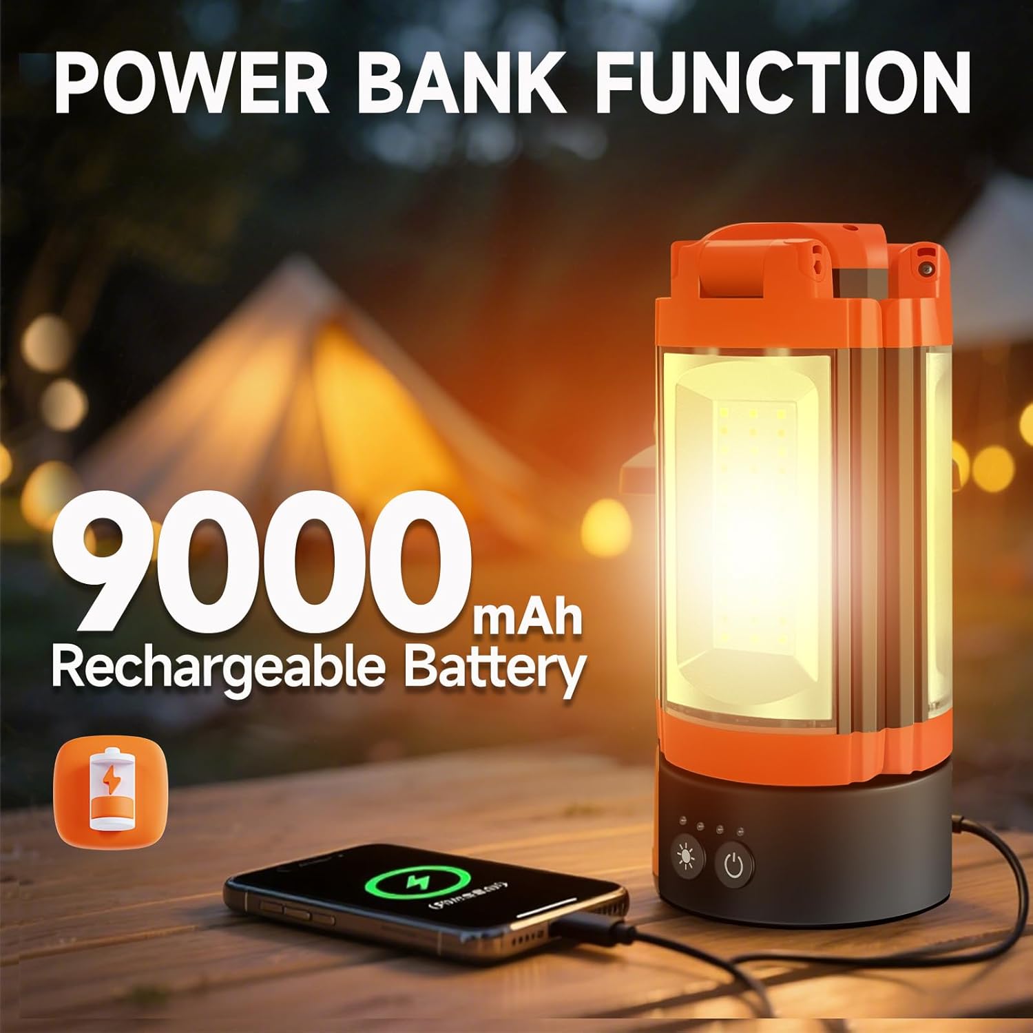 Rechargeable Camping Light 9000mAh Cordless 3 LED Lamp Heads