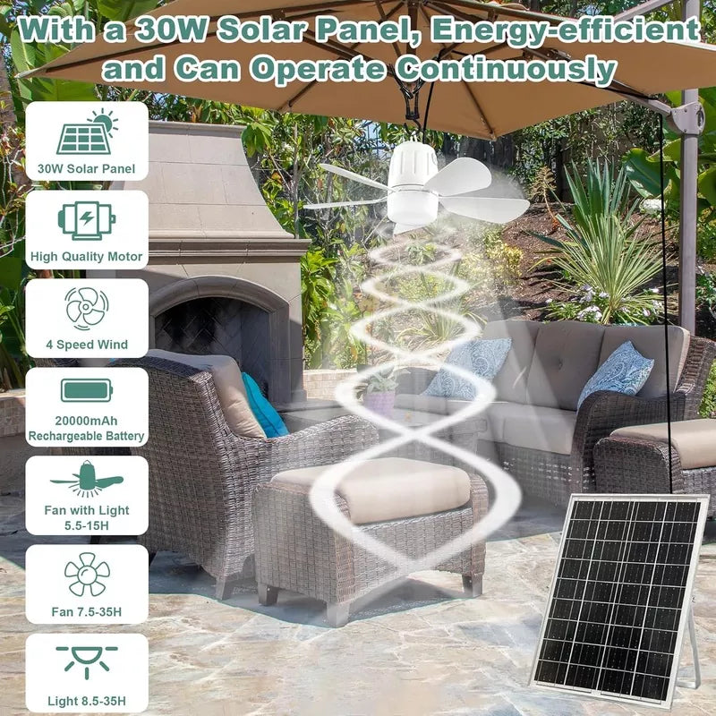 20000mAh Portable Gazebo Fan with 30W Solar Powered Fan with Remote Control