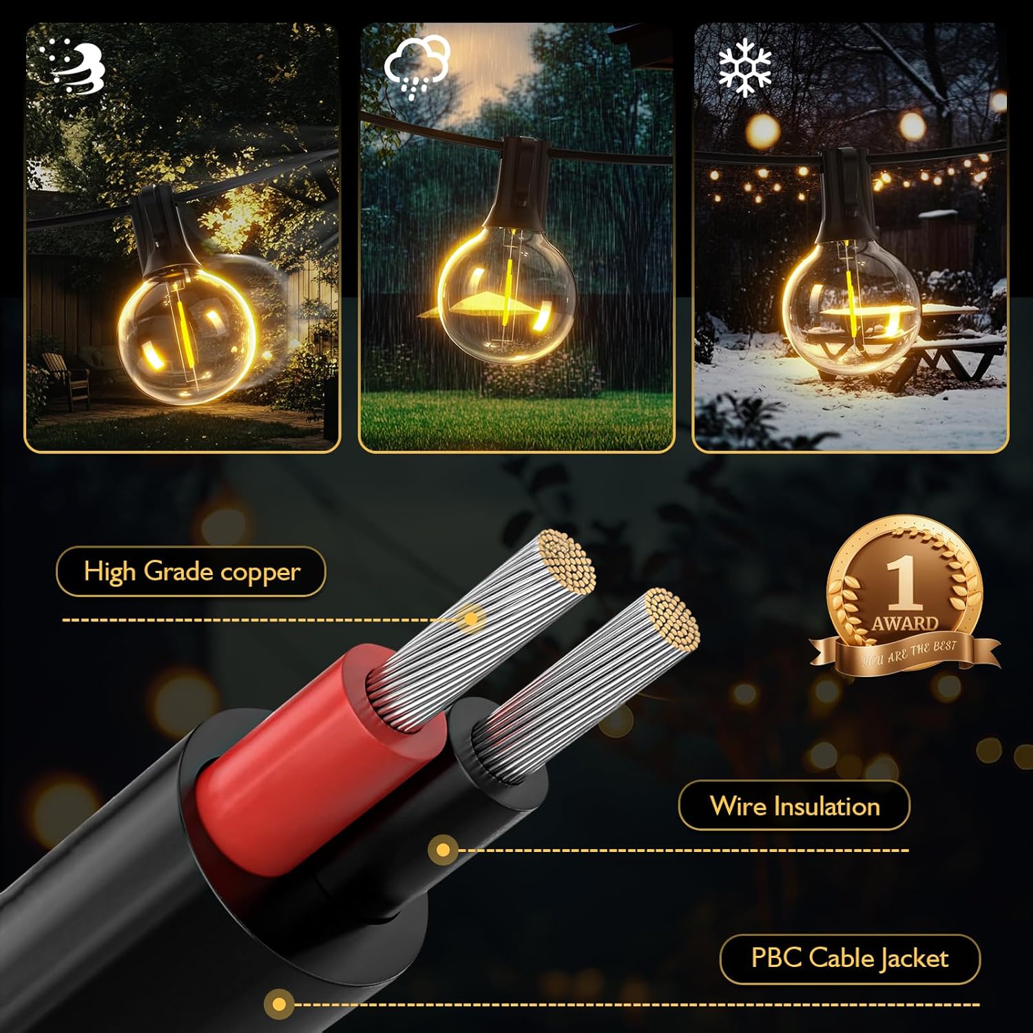 G40 Solar String Lights Outdoor with Remote 100 FT USB  Solar Dual Charging