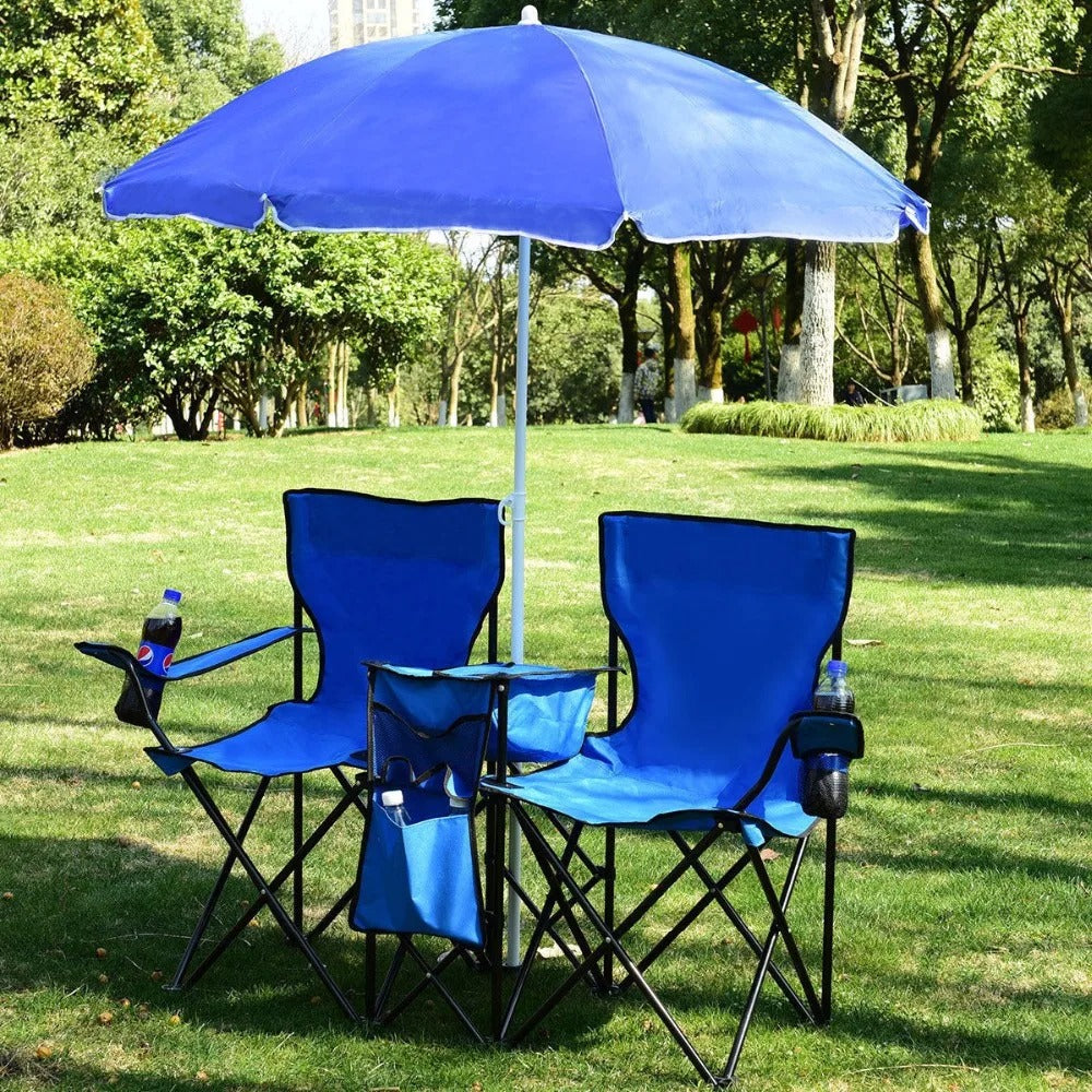 Double Beach Chair With Umbrella Sunshade Portable Picnic Camping