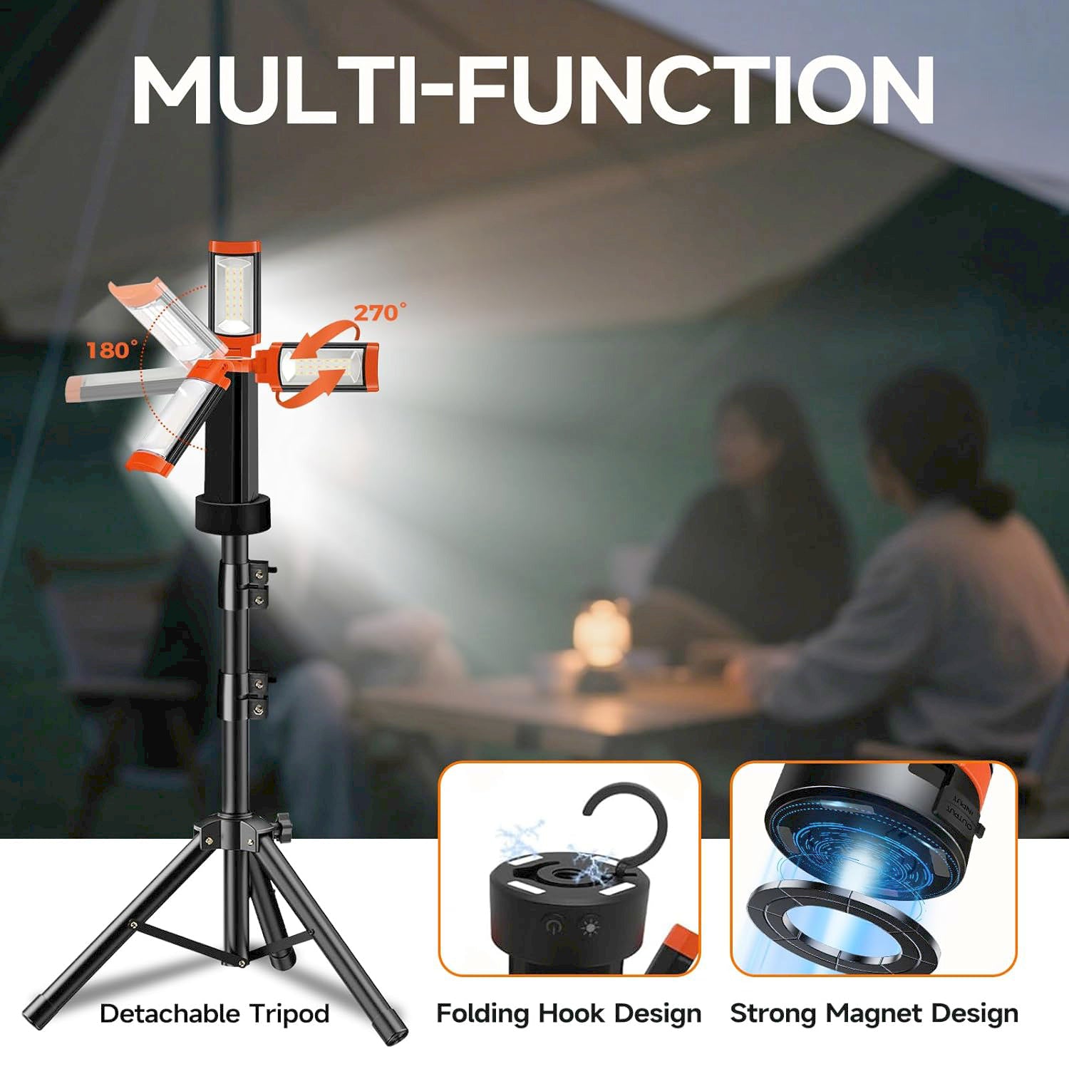 Rechargeable Camping Light 9000mAh Cordless 3 LED Lamp Heads