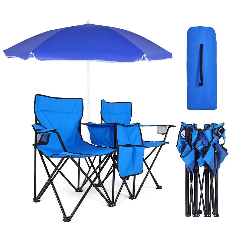 Double Beach Chair With Umbrella Sunshade Portable Picnic Camping