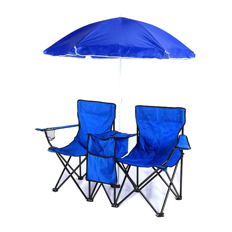 Double Beach Chair With Umbrella Sunshade Portable Picnic Camping