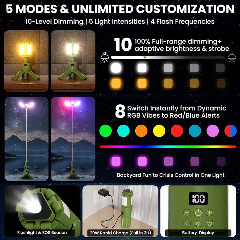 Rechargeable Telescoping Stand LED Camping Lantern & Work Light 15000m