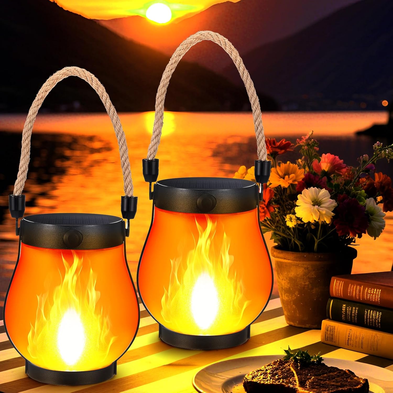 Solar Lanterns Outdoor Waterproof with Realistic Flickering Flame