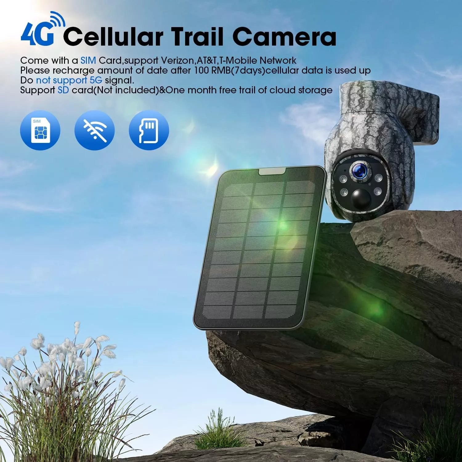 Cellular Trail Camera 4G LTE Wireless 2K Solar Powered Hunting Game Camera