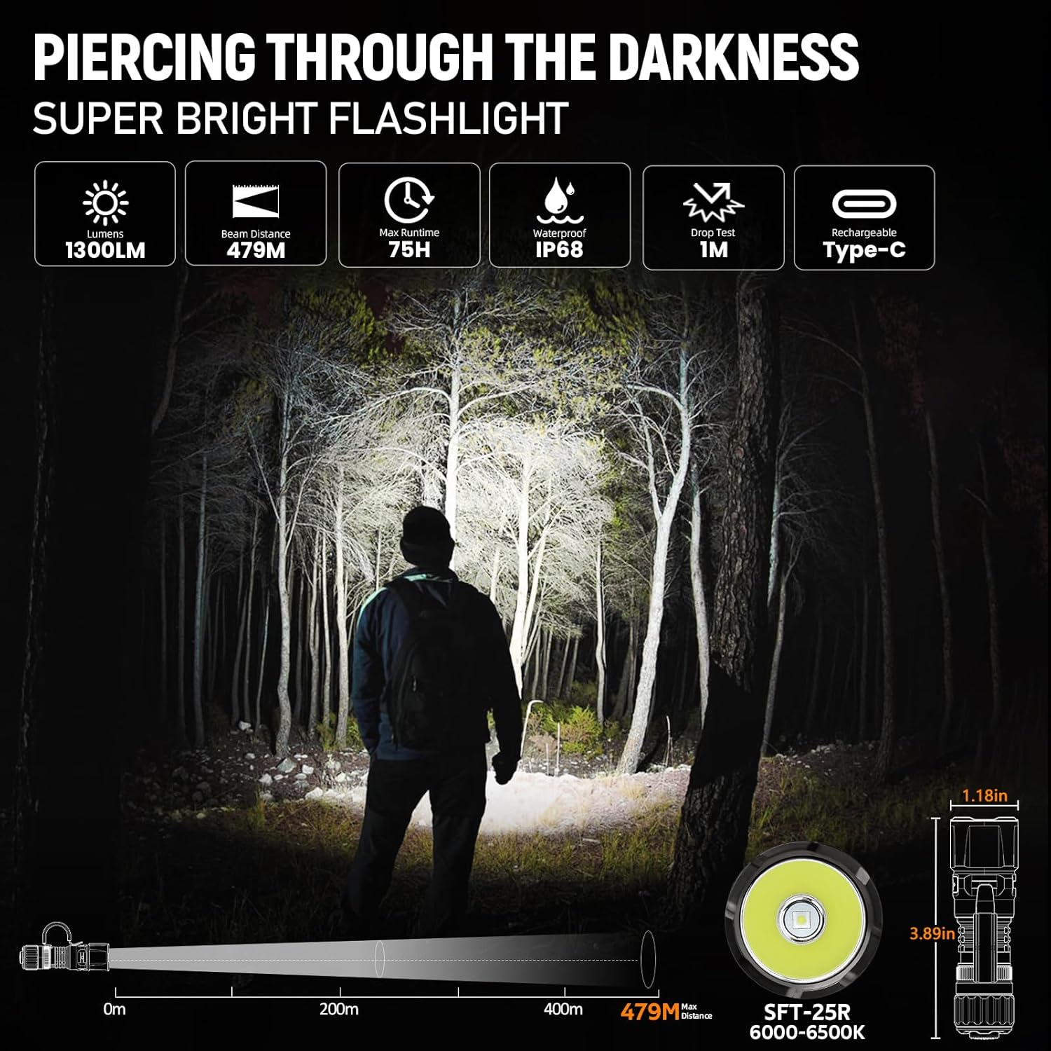 LED Tactical Flashlight 1300 High Lumen EDC Small Flashlight