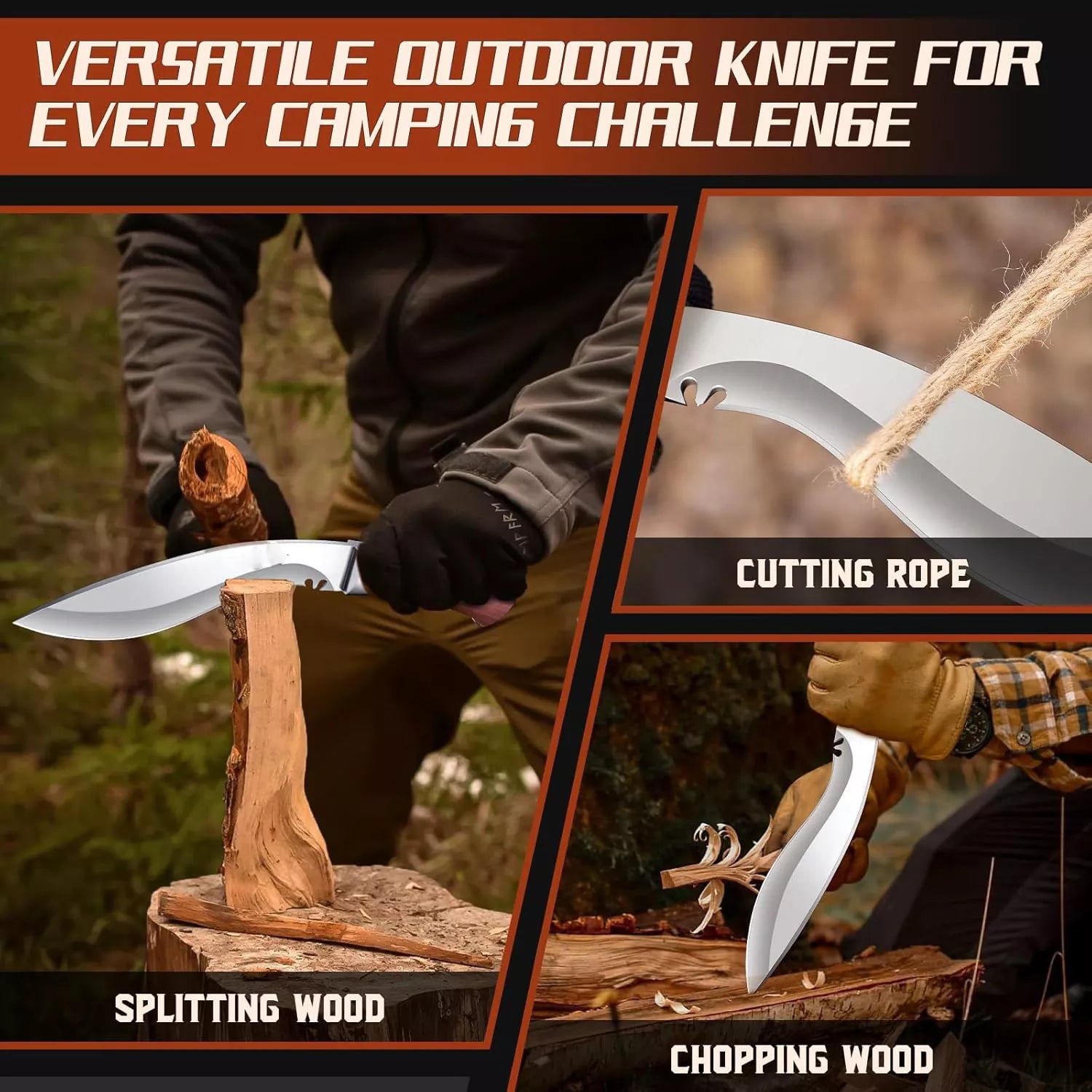 Fixed Blade Kukri VG10 Steel Hunting Knife with Sheath For Camping