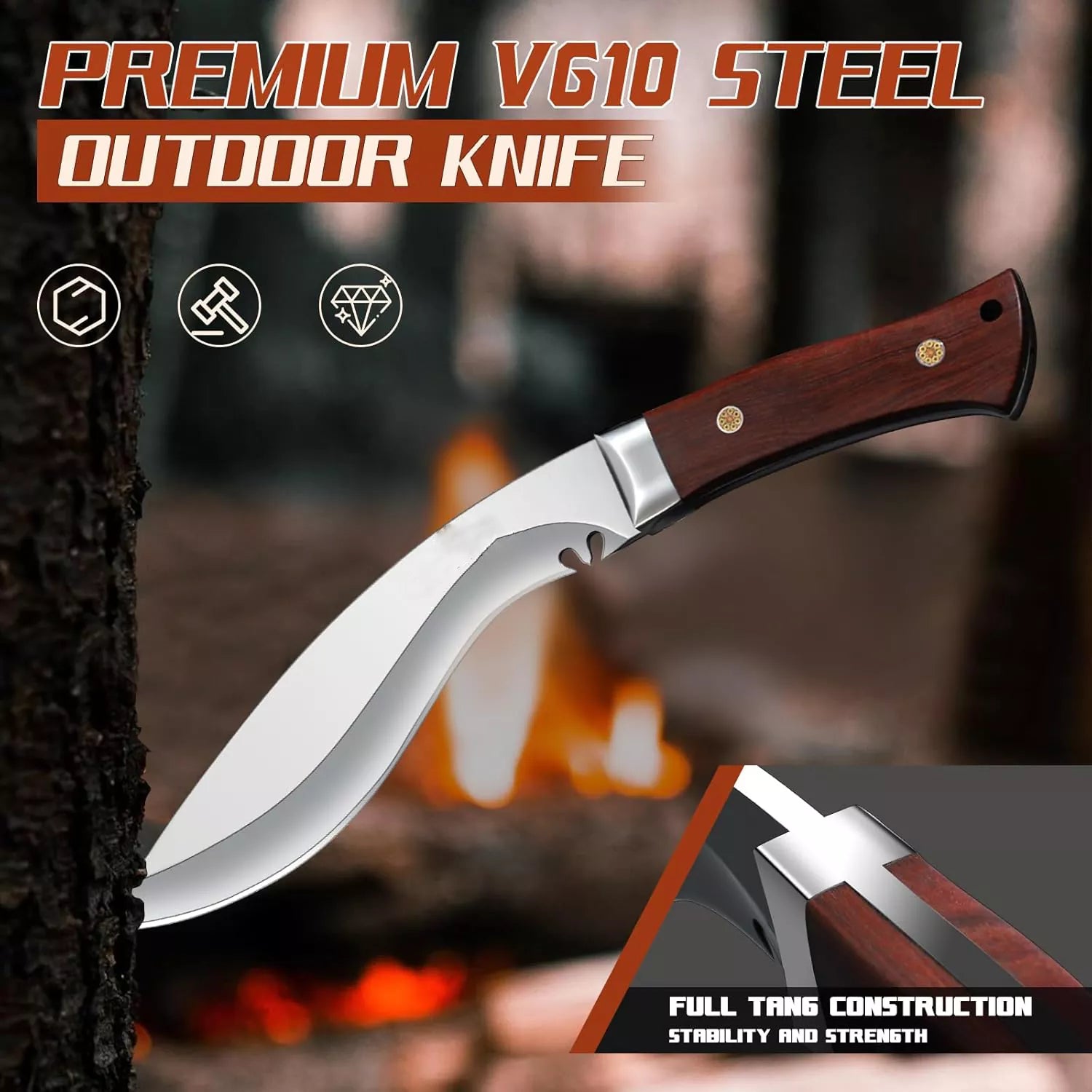 Fixed Blade Kukri VG10 Steel Hunting Knife with Sheath For Camping