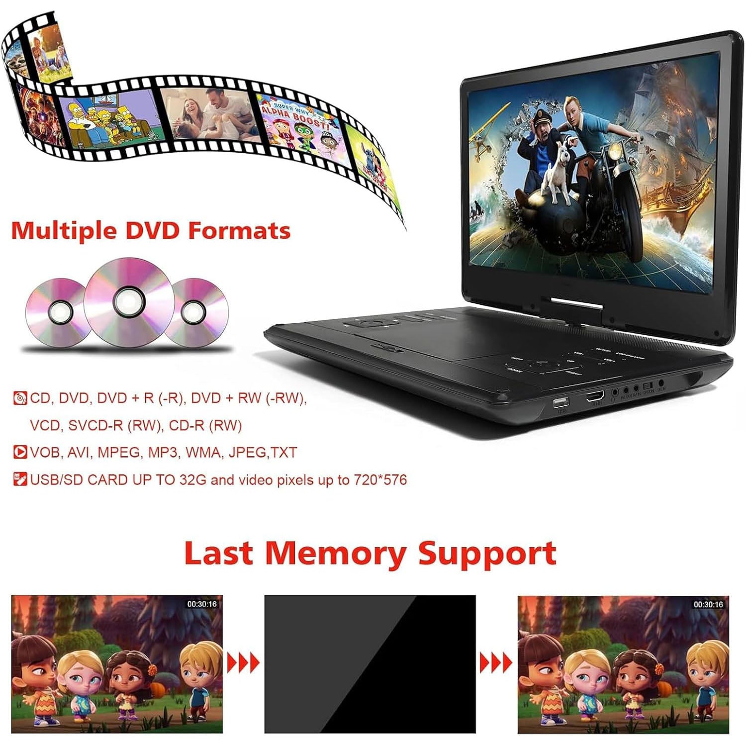 17" Portable DVD Player 14.1" Large HD Screen Support HDMI in/USB/AV-in/Out