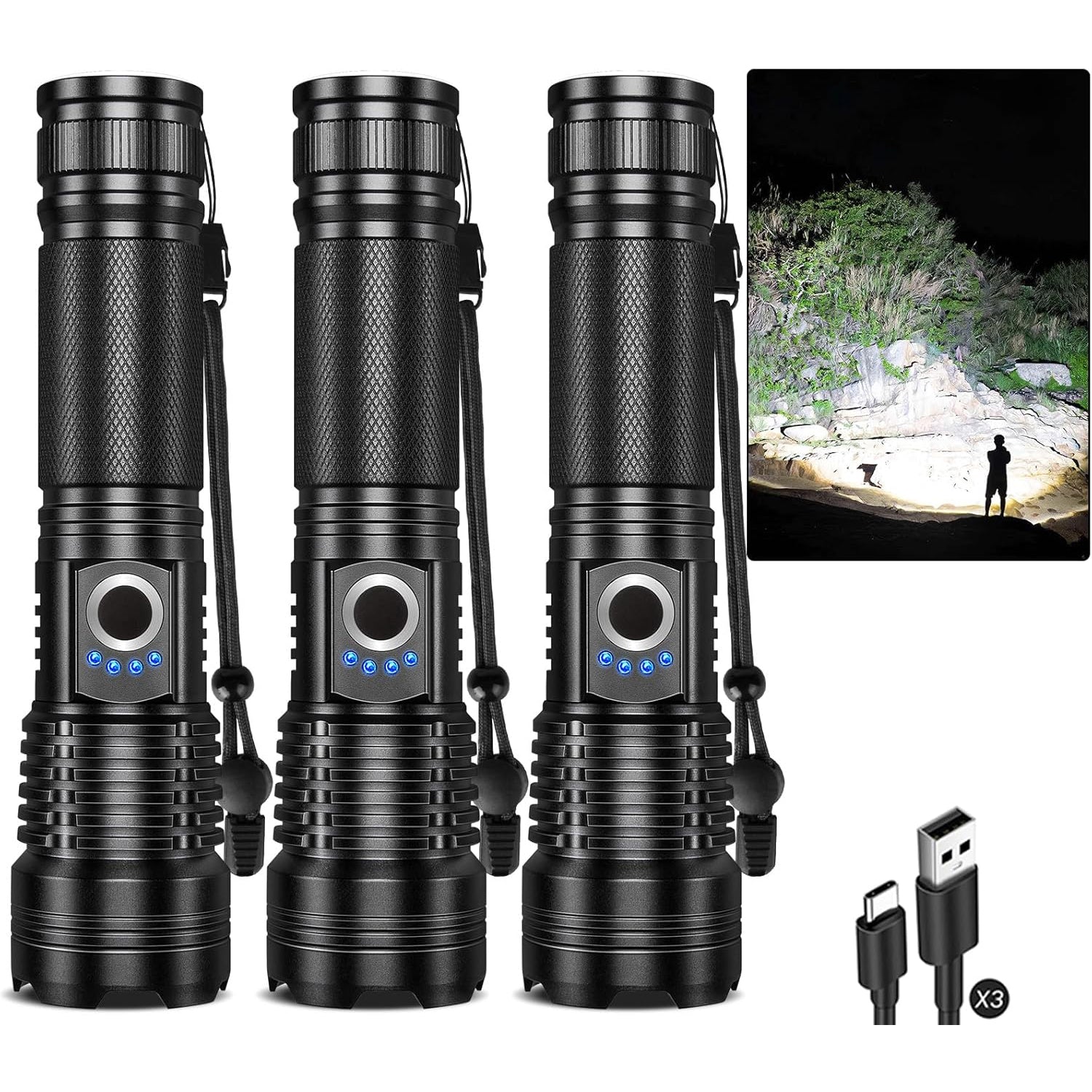 Flashlight Rechargeable 90,000 High Lumens - 3 Pack