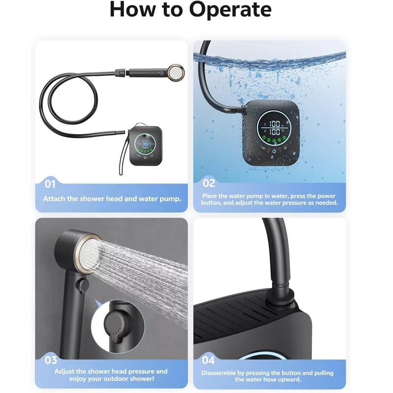 Portable Shower 8000mAh Rechargeable Camping Shower 6.0L/min Portable